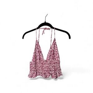 Sim & Sam Purple White Floral Halter Crop Top Smocked Medium